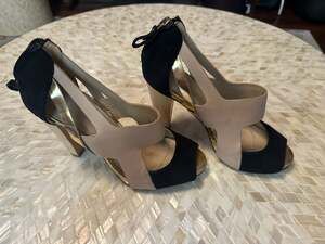 Coye Nokes Tri-Color Suede & Leather Peep Toe Wooden Block Heel Sandals